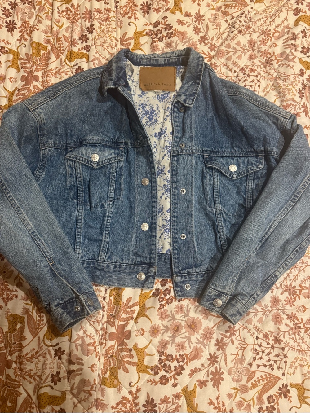 American Eagle blue denim floral-lined bomber jacket |small|